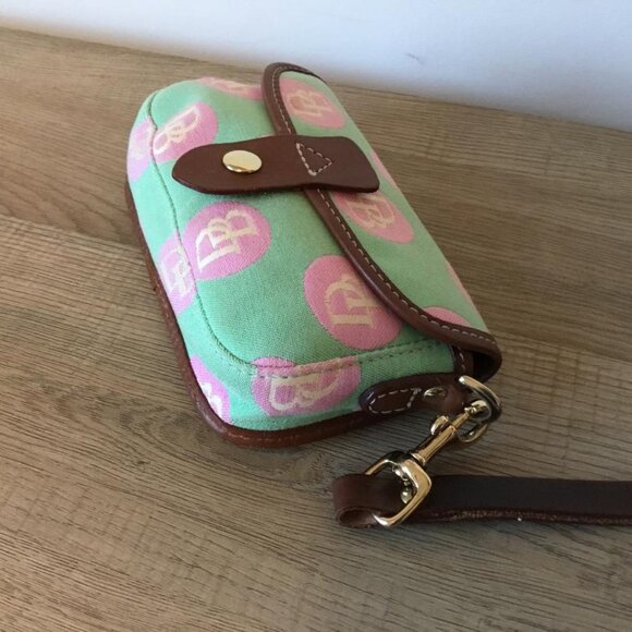 Vintage Dooney & Bourke Wristlet Logo Pattern Green w/Pink, Brown Leather Trim - Picture 7 of 7